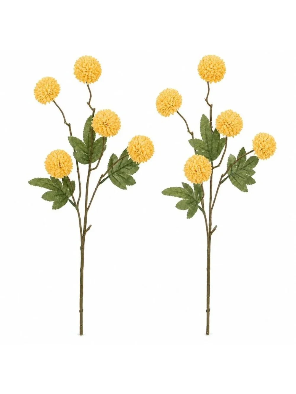 Light Autumn Yellow Pom Pom Chrysanthemum Stems Set of 2, 20 Inch Faux Silk Flow